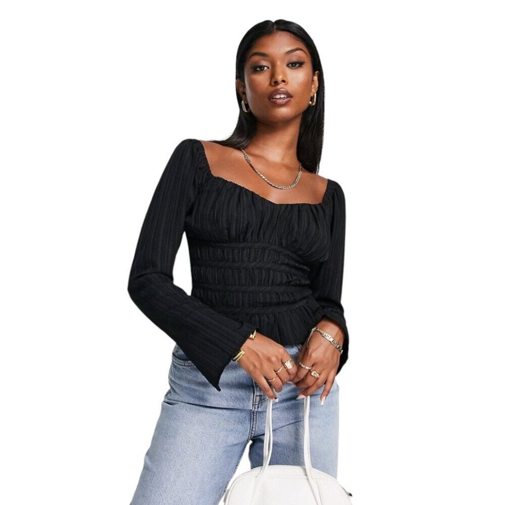 TopShop Smocked Long Sleeve Top Black Size 4 NWT $56 MSRP